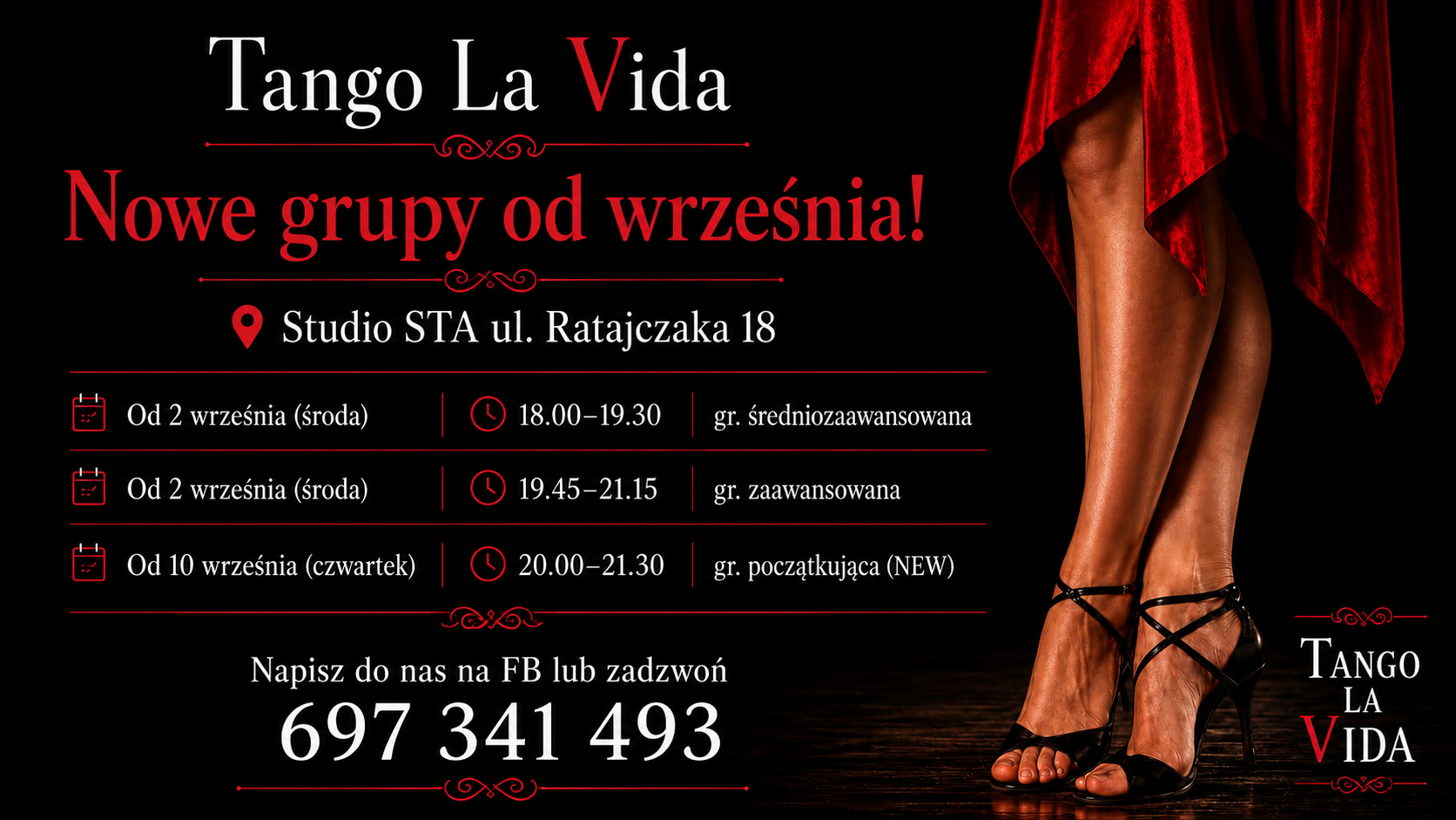 Grafik zajęć Tango La Vida w Poznaniu od września 2026 – nowe grupy tanga argentyńskiego